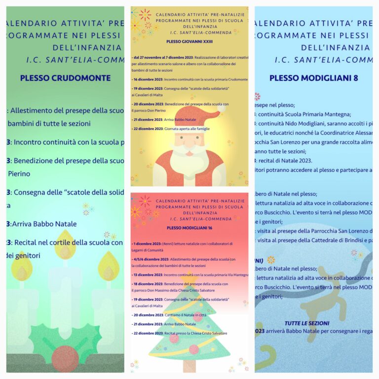 NATALE 2023 – Calendari delle attività pre-natalizie nei plessi della Scuola dell’Infanzia