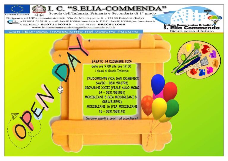 OPEN DAY SCUOLA DELL’INFANZIA – 14 dicembre 2024